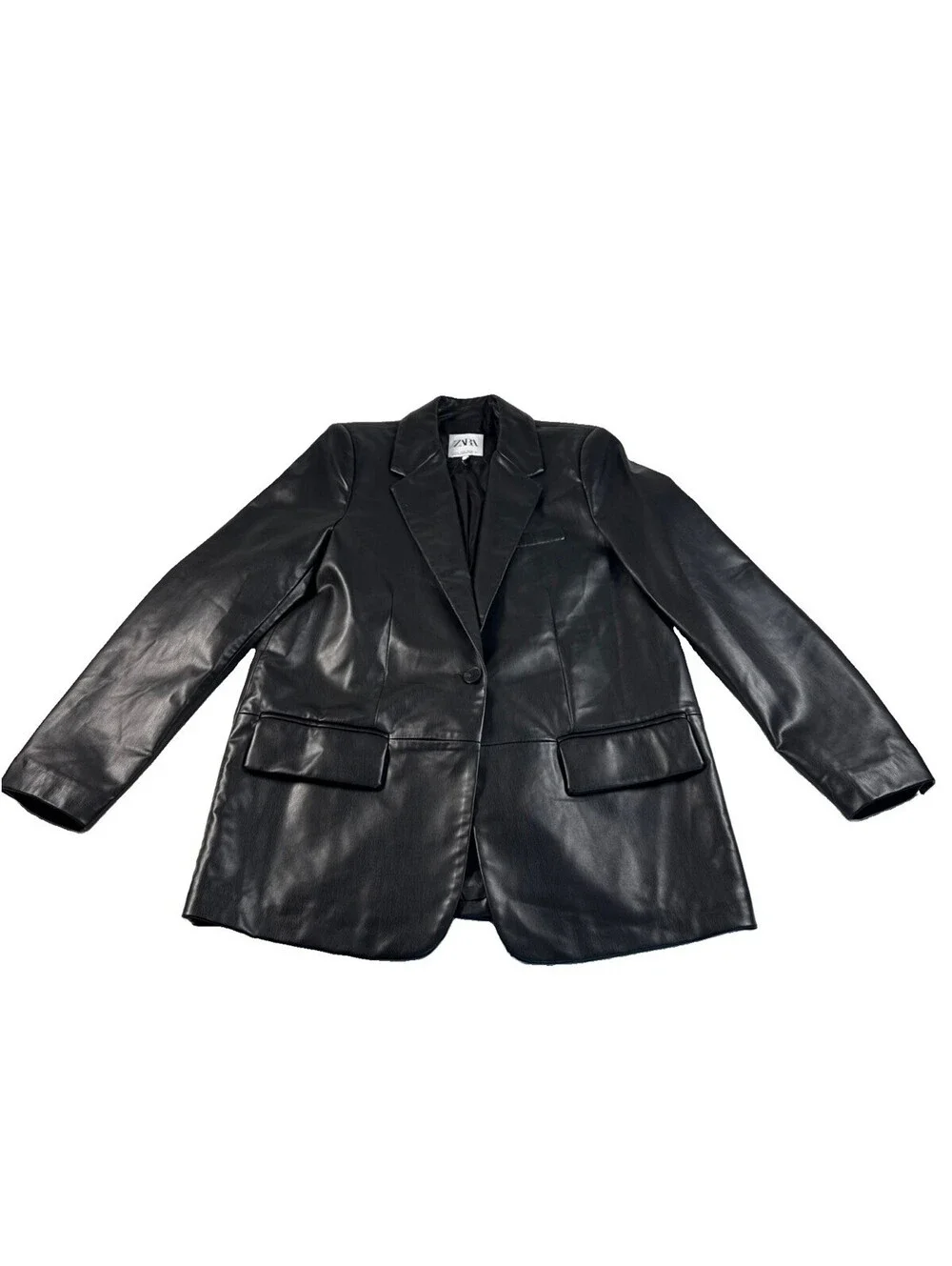 Zara Black Faux Soft Leather One Button 2 Pocket Blazer Size M New With Tags